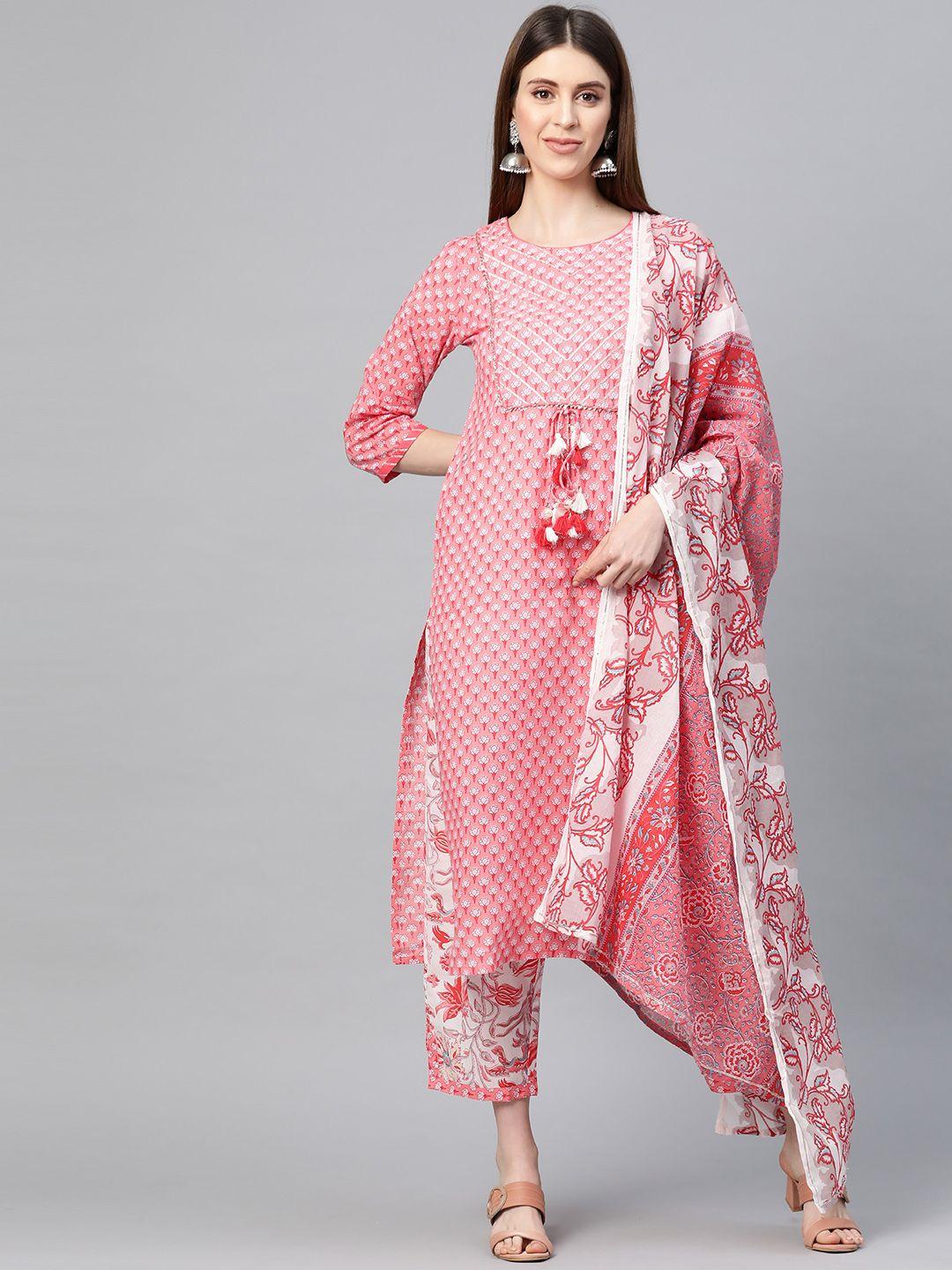 yuris women pink & white printed kurta with trousers & dupatta
