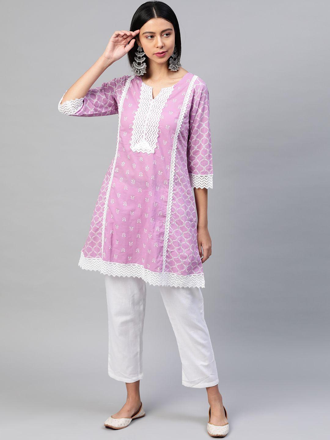 yuris women pink & white printed panelled thread work pure cotton kurta with trousers