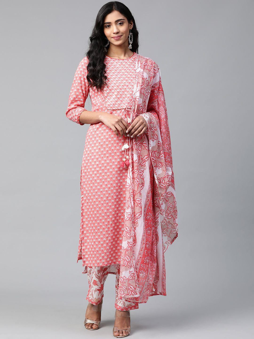 yuris women pink & white printed pure cotton kurta with trousers & dupatta