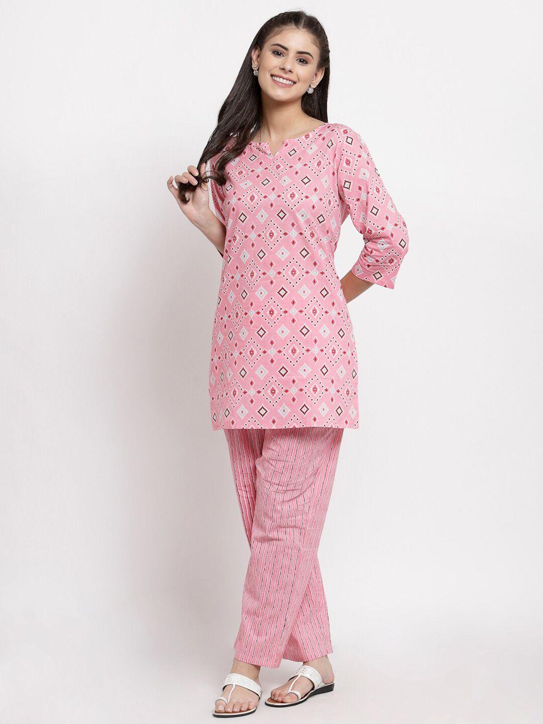 yuris women pink & white printed pure cotton tunic with trousers