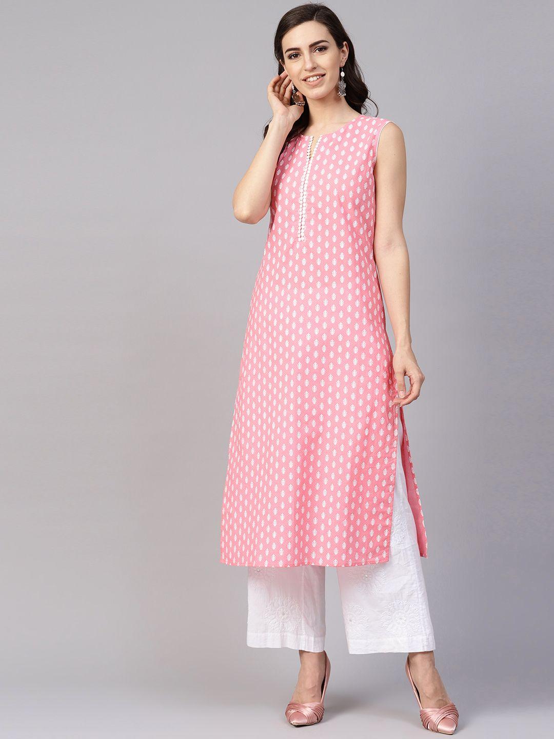 yuris women pink & white printed straight kurta