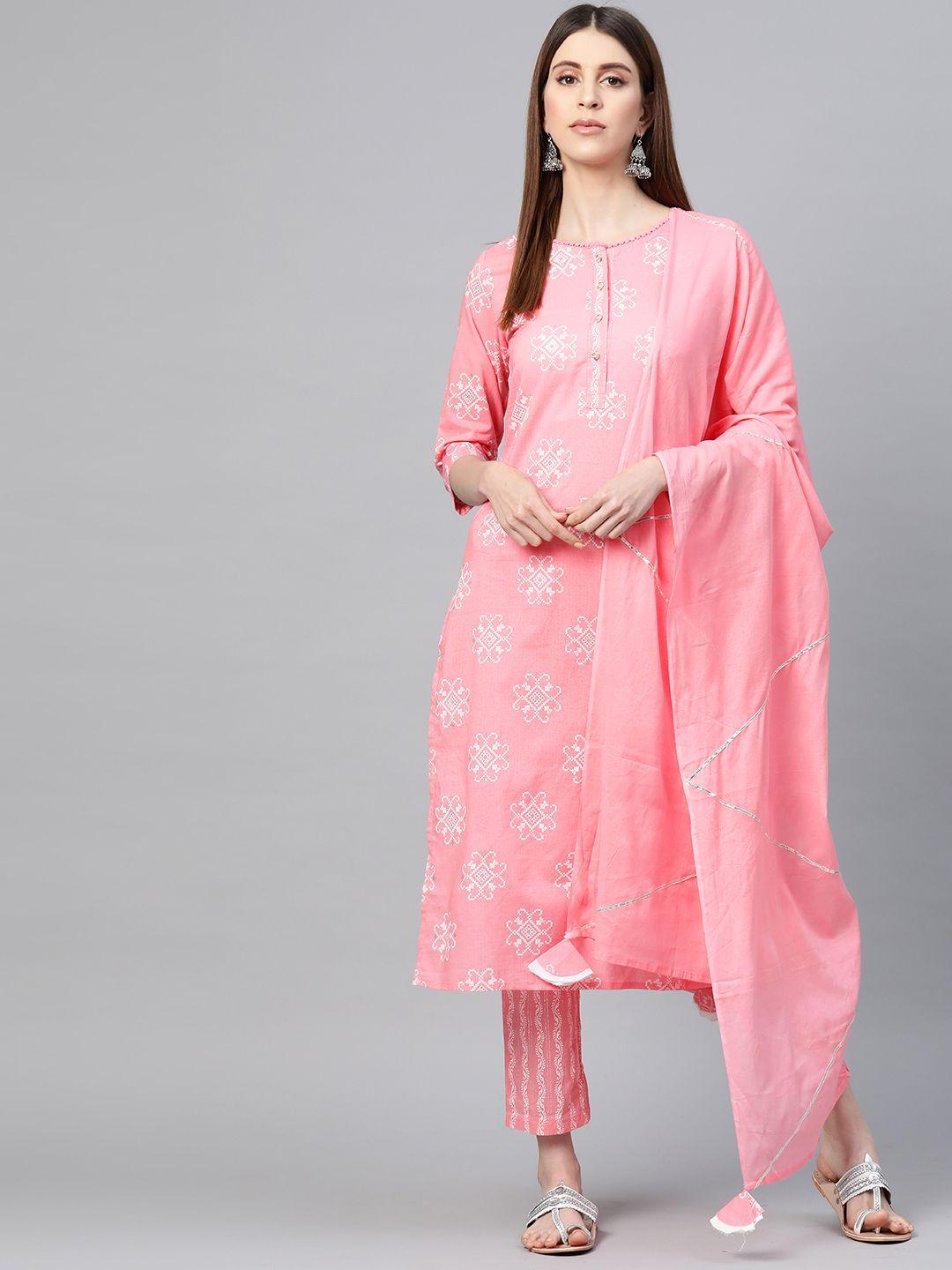 yuris women pink & white pure cotton printed kurta with trousers & dupatta