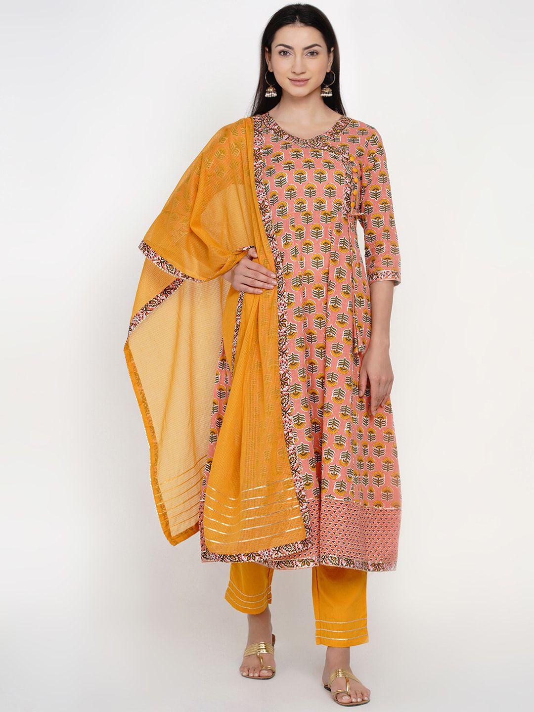 yuris women pink & yellow printed kurta with trousers & dupatta