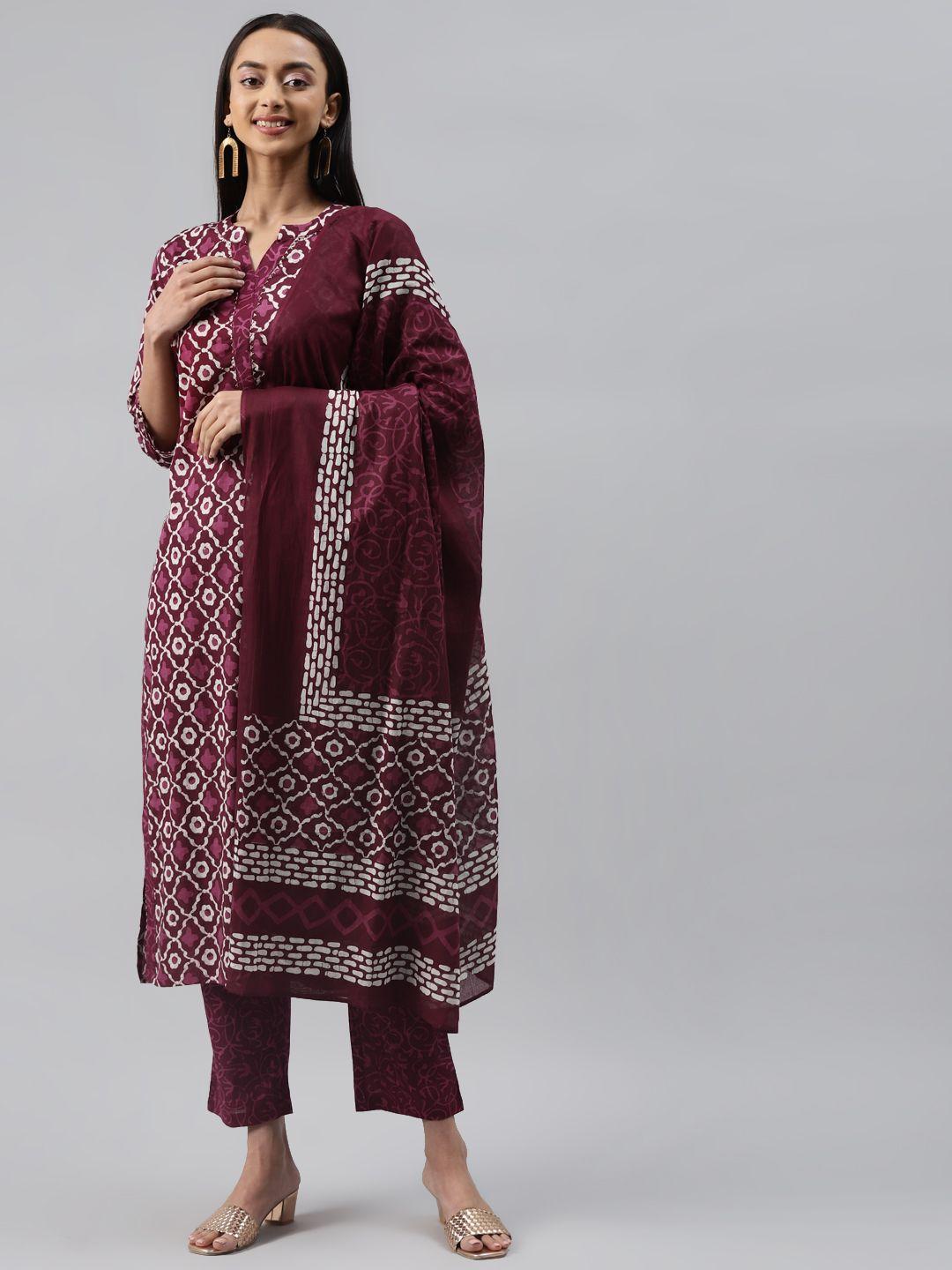 yuris women purple & off-white printed kurta with trousers & with dupatta