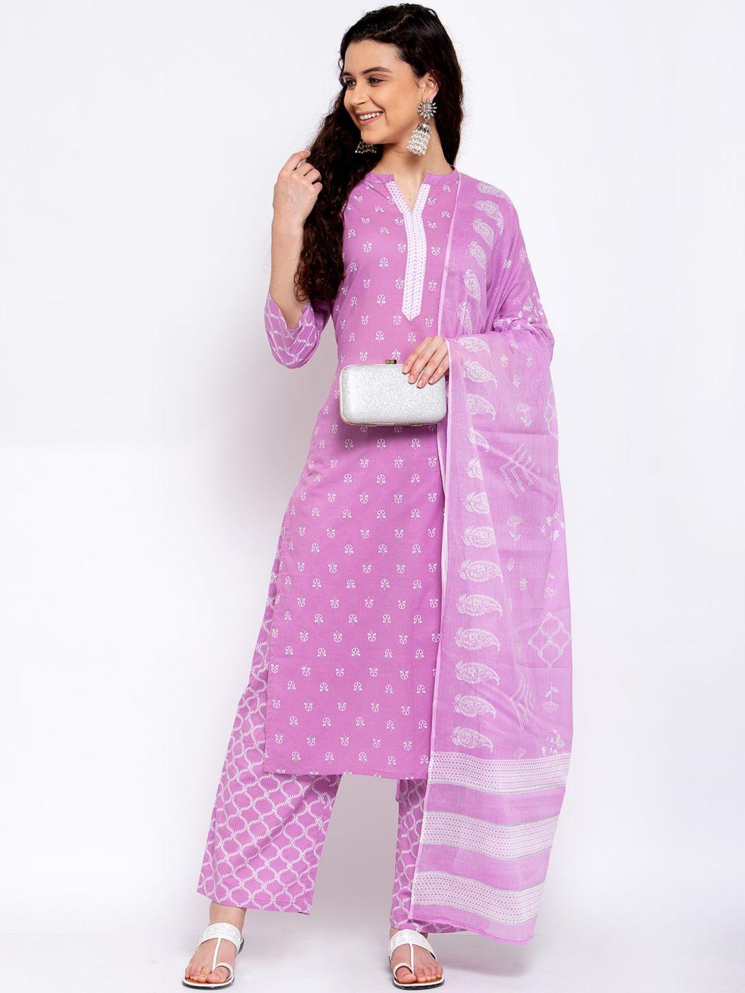 yuris women purple ethnic motifs printed regular pure cotton kurta with palazzos & with dupatta