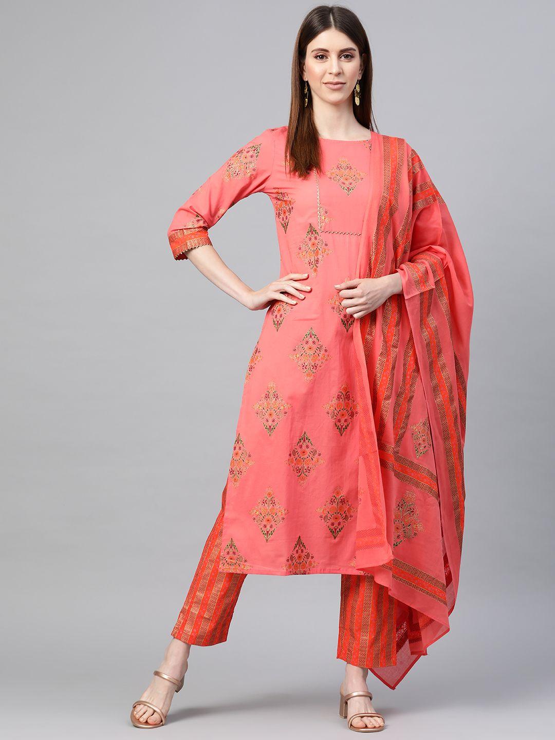 yuris women red & golden pure cotton ethnic motif foil print kurta with trousers & dupatta