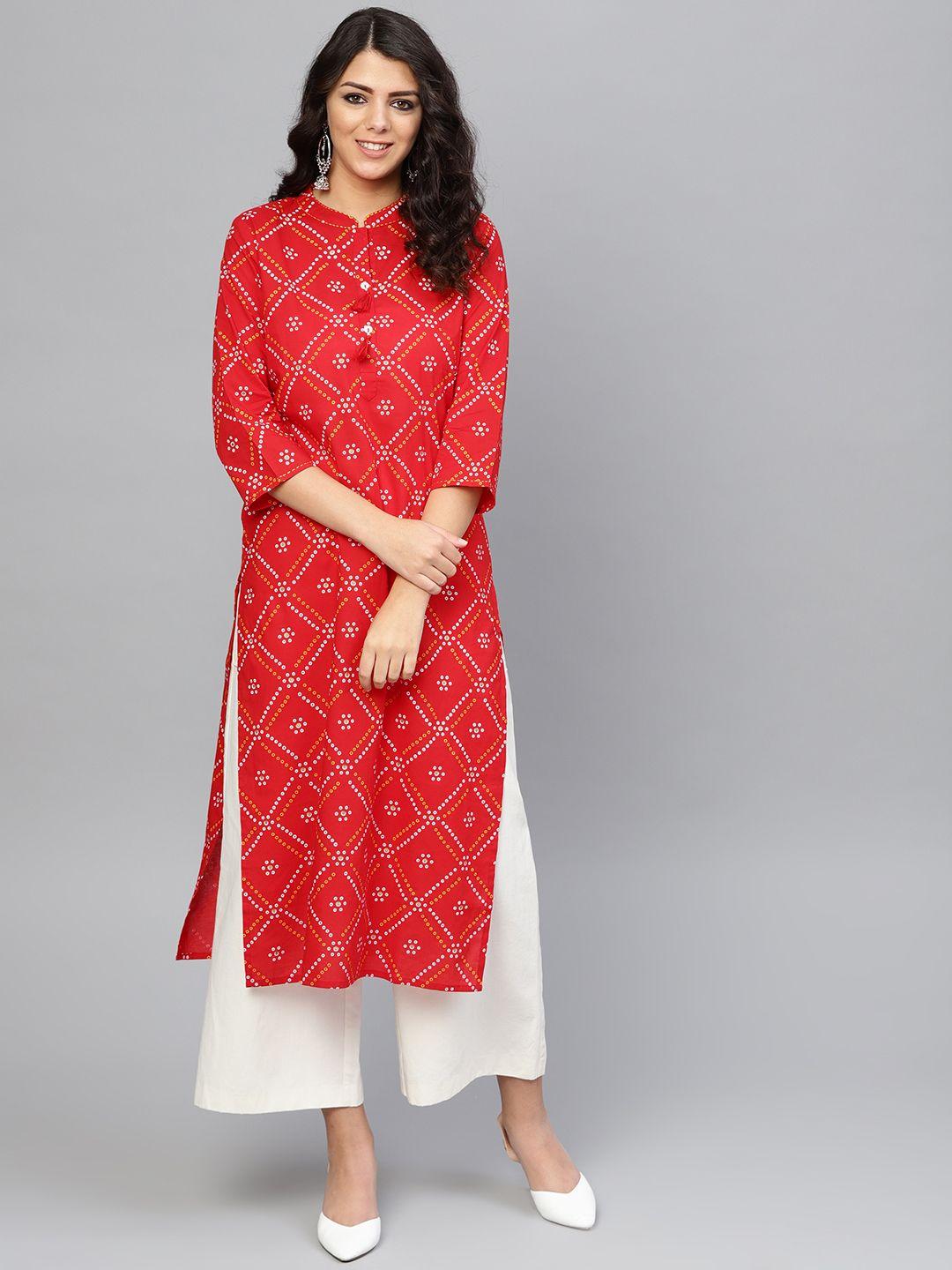 yuris women red & white bandhani printed straight kurta