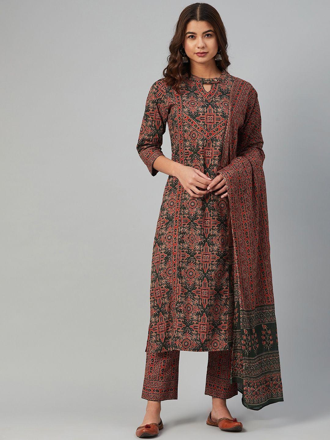 yuris women rust ethnic motifs printed layered pure cotton kurta with trousers & dupatta