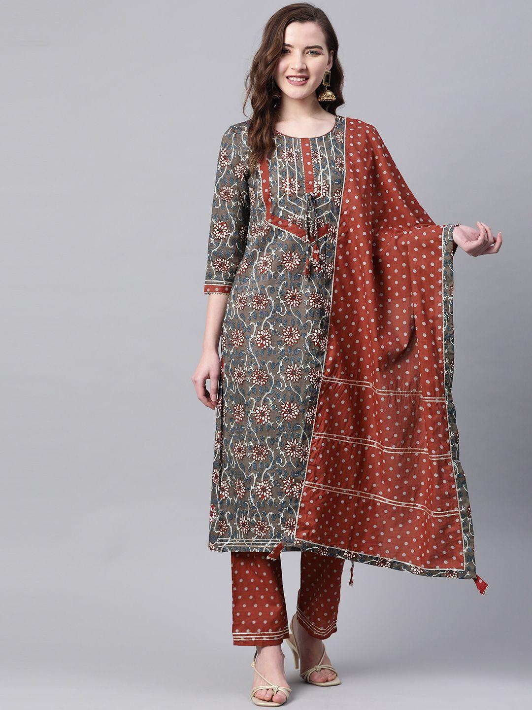 yuris women taupe & rust printed kurta with palazzos & dupatta