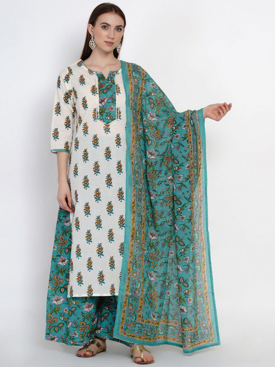 yuris women white & green printed kurta with palazzos & dupatta