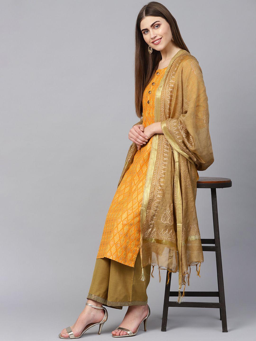 yuris women yellow & brown printed kurta with palazzos & dupatta