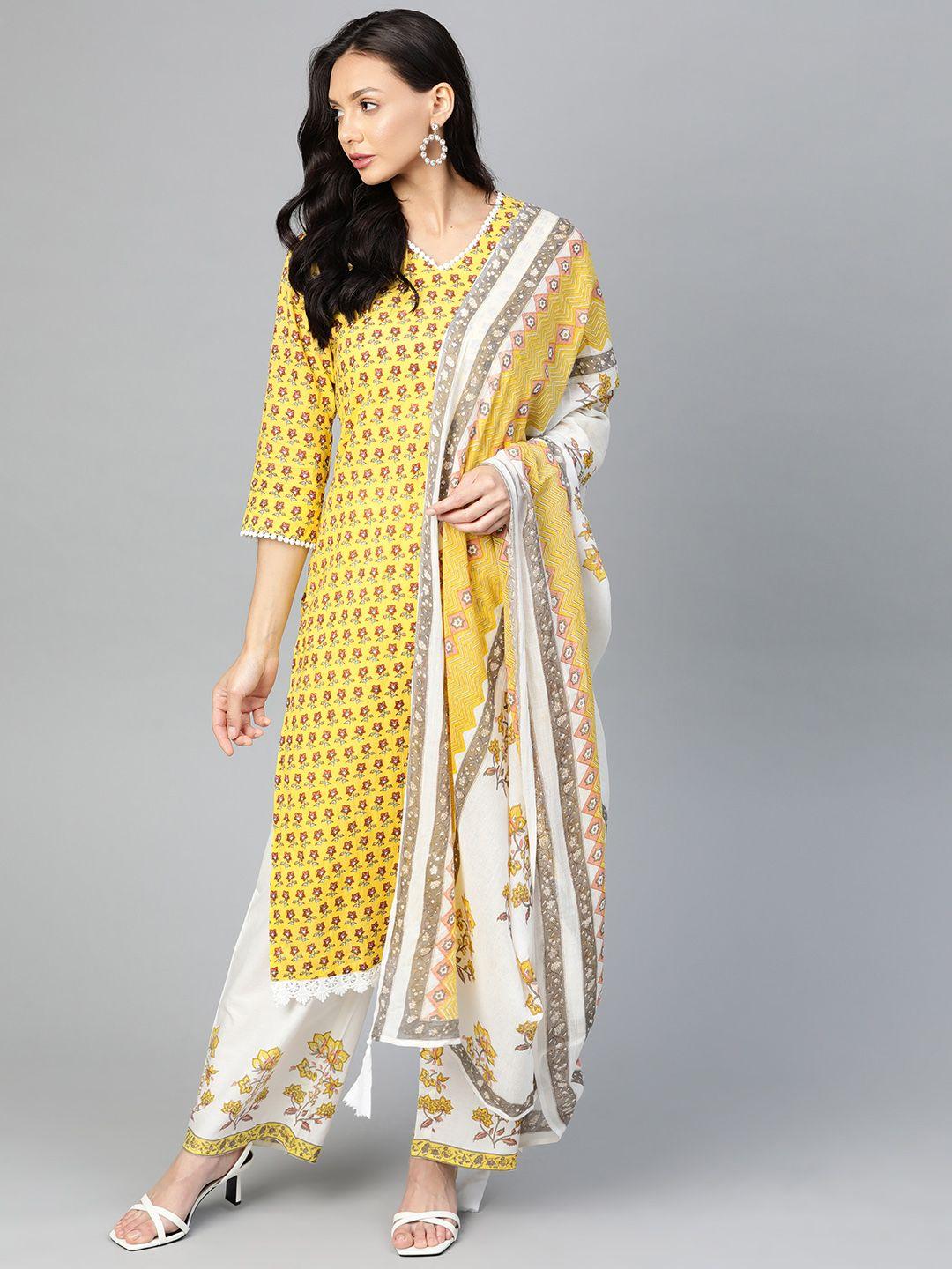 yuris women yellow & white floral printed pure cotton kurta with palazzos & with dupatta