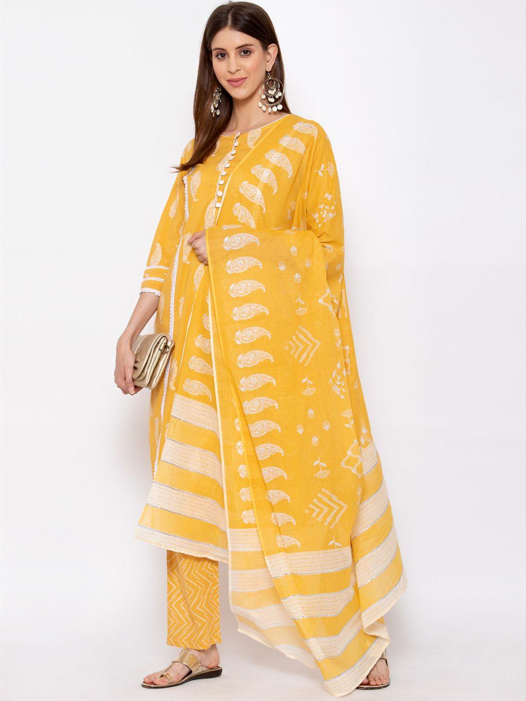 yuris women yellow paisley printed regular pure cotton kurta with trousers & with dupatta