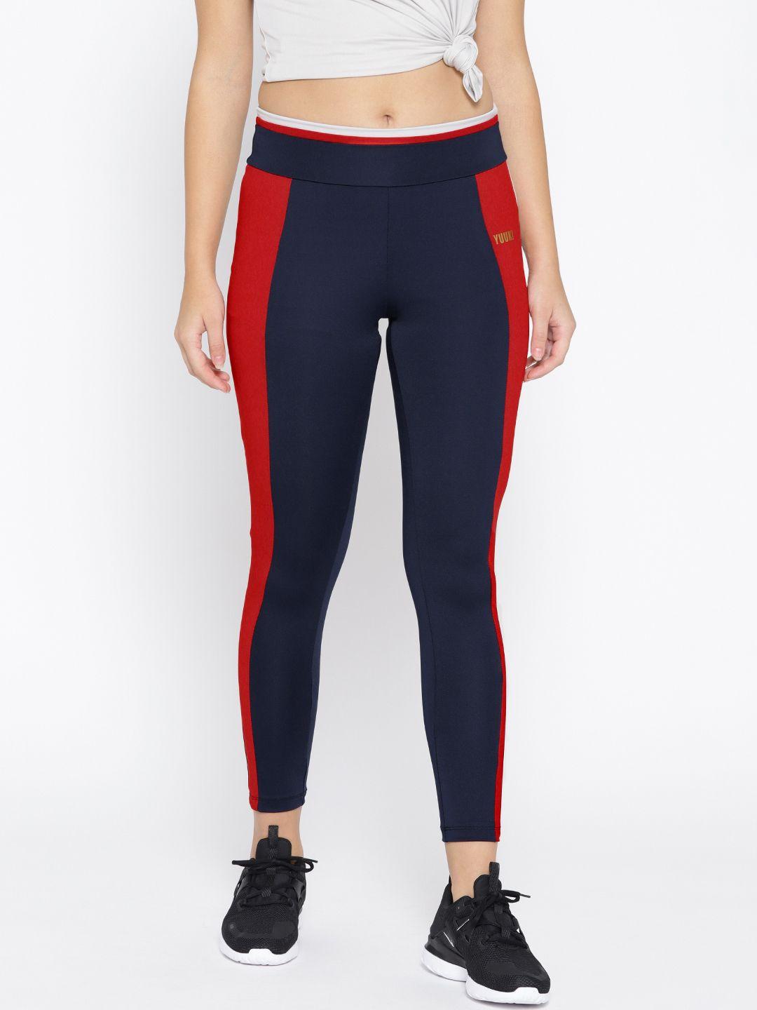 yuuki women navy blue & red colourblocked cropped tights