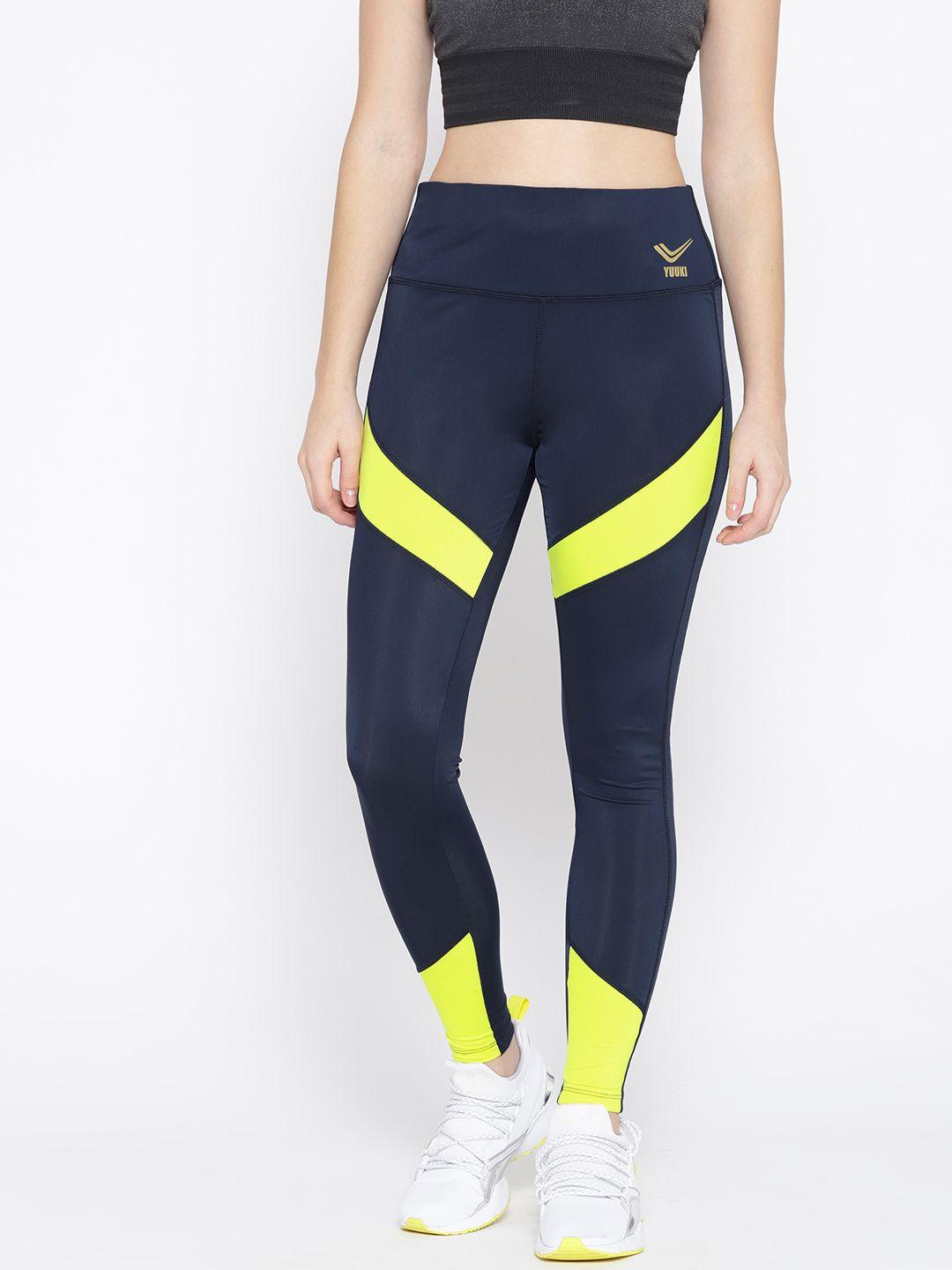 yuuki women navy blue & yellow colourblocked workout tights