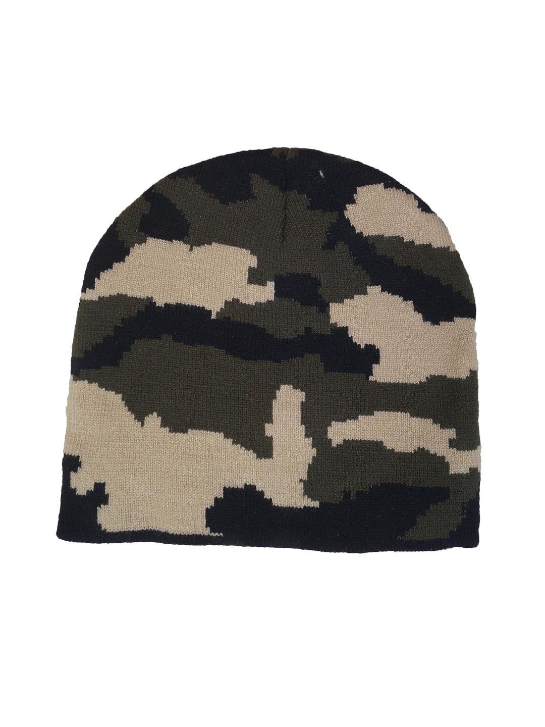 zacharias men olive green & beige printed woollen beanie