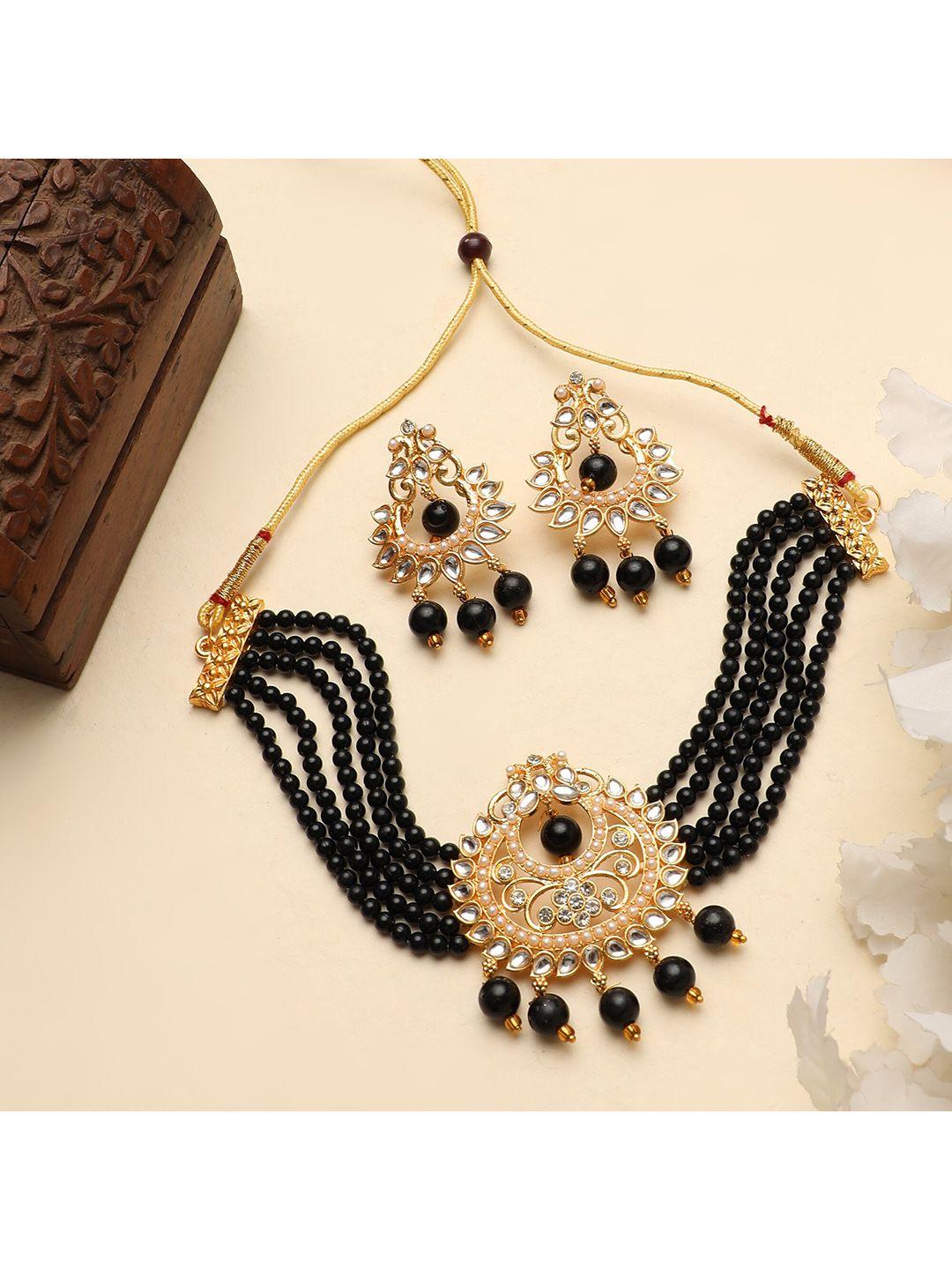 zaffrecollections women gold-plated black & white crystal-studded & beaded jewellery set