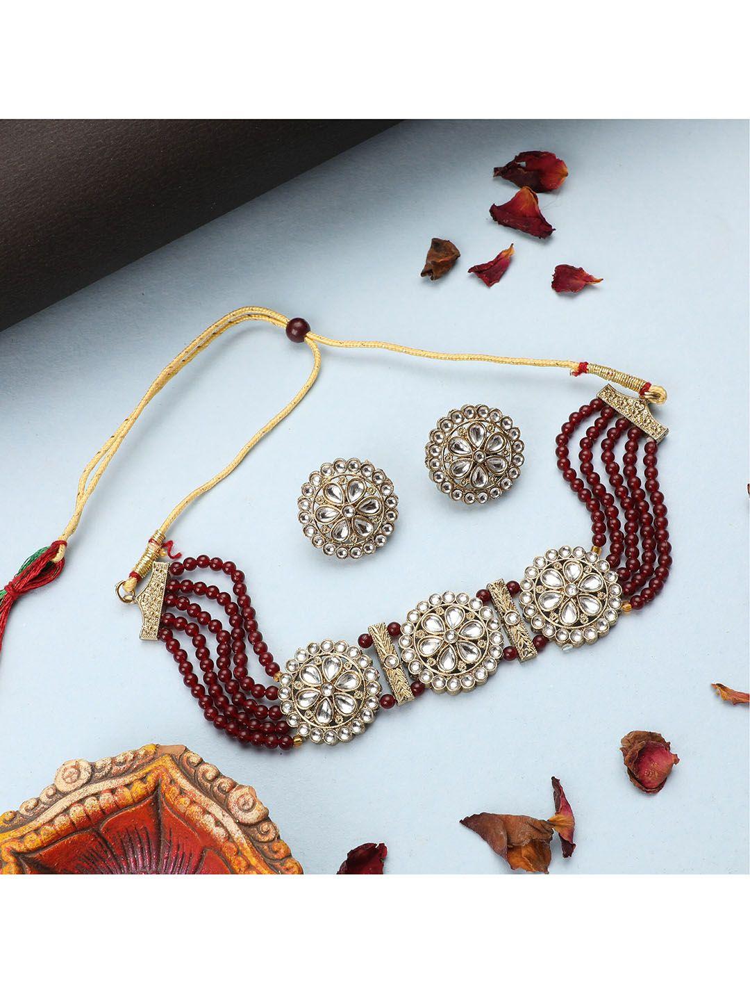 zaffrecollections women gold-plated maroon & white crystal-studded & beaded jewellery set