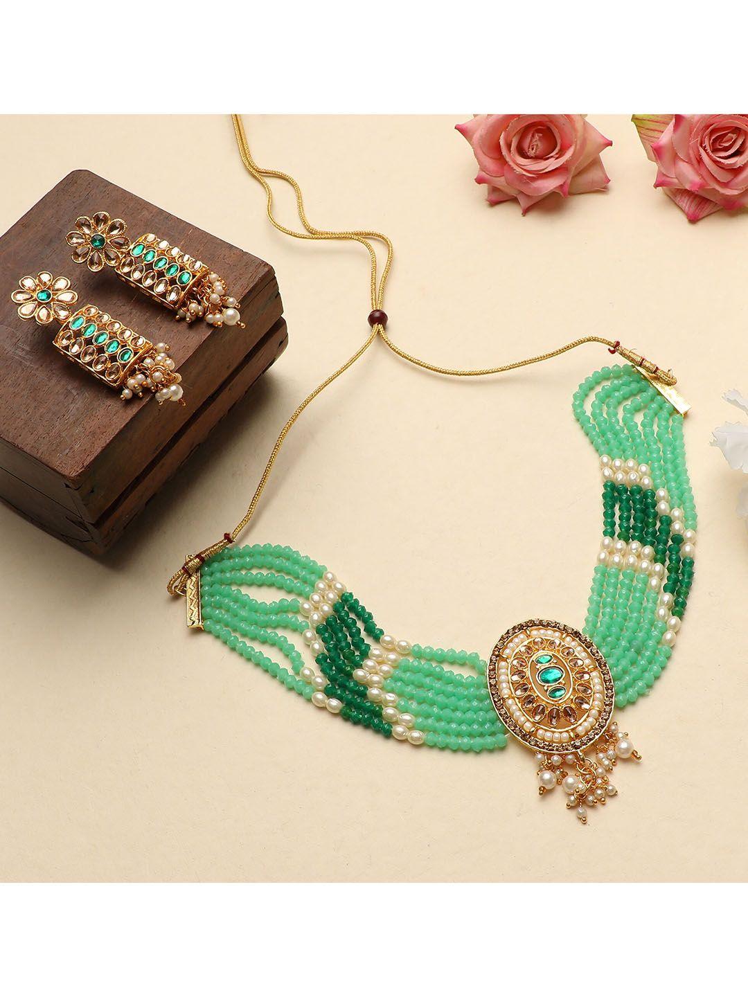 zaffrecollections gold-plated sea green & white crystal-studded & beaded jewellery set