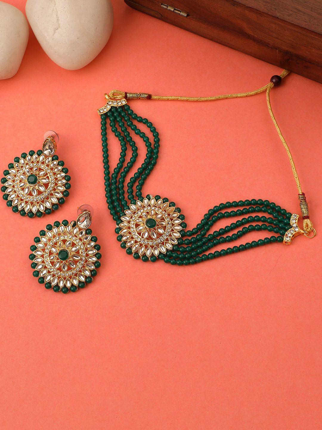 zaffrecollections women gold-plated green & white crystal-studded & beaded jewellery set