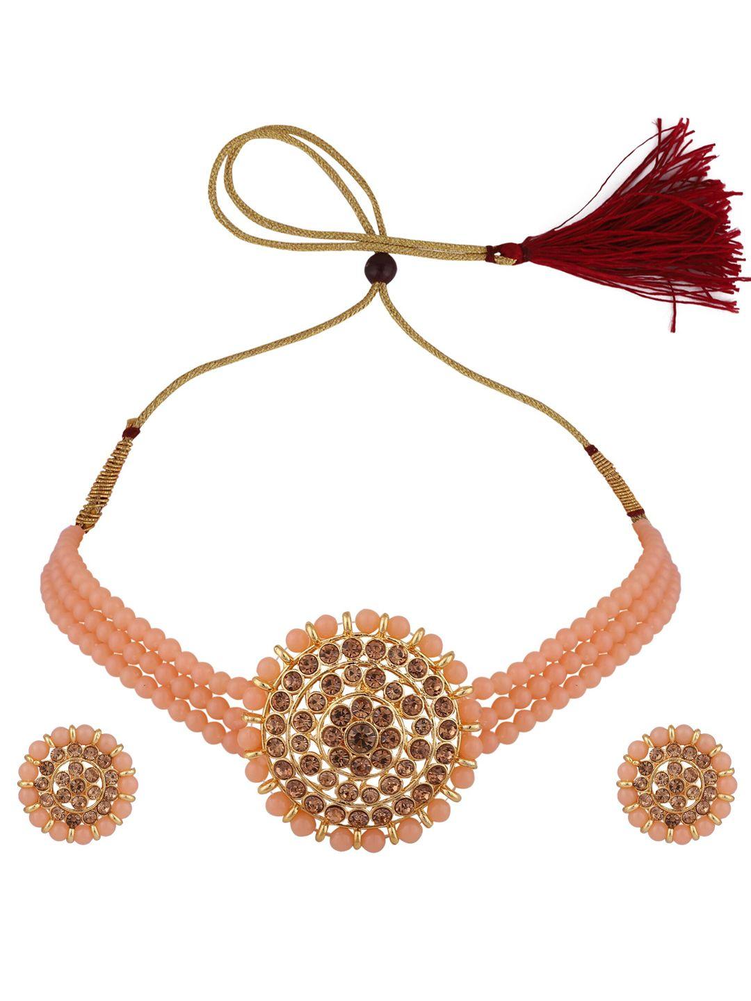 zaffrecollections women gold-plated peach crystal-studded & beaded jewellery set