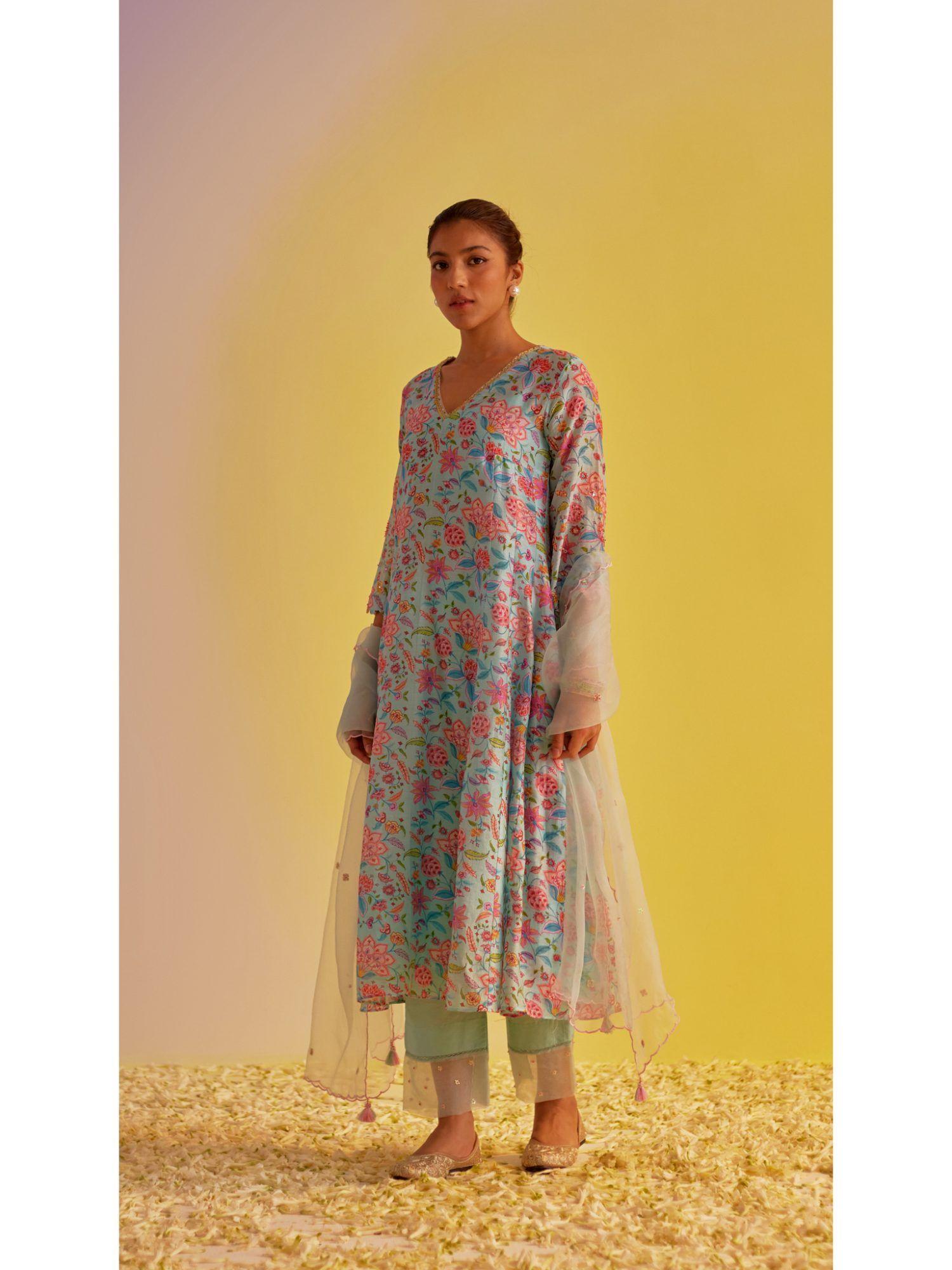 zahra: the light blue a-line printed kurta and pant with dupatta (set of 3)