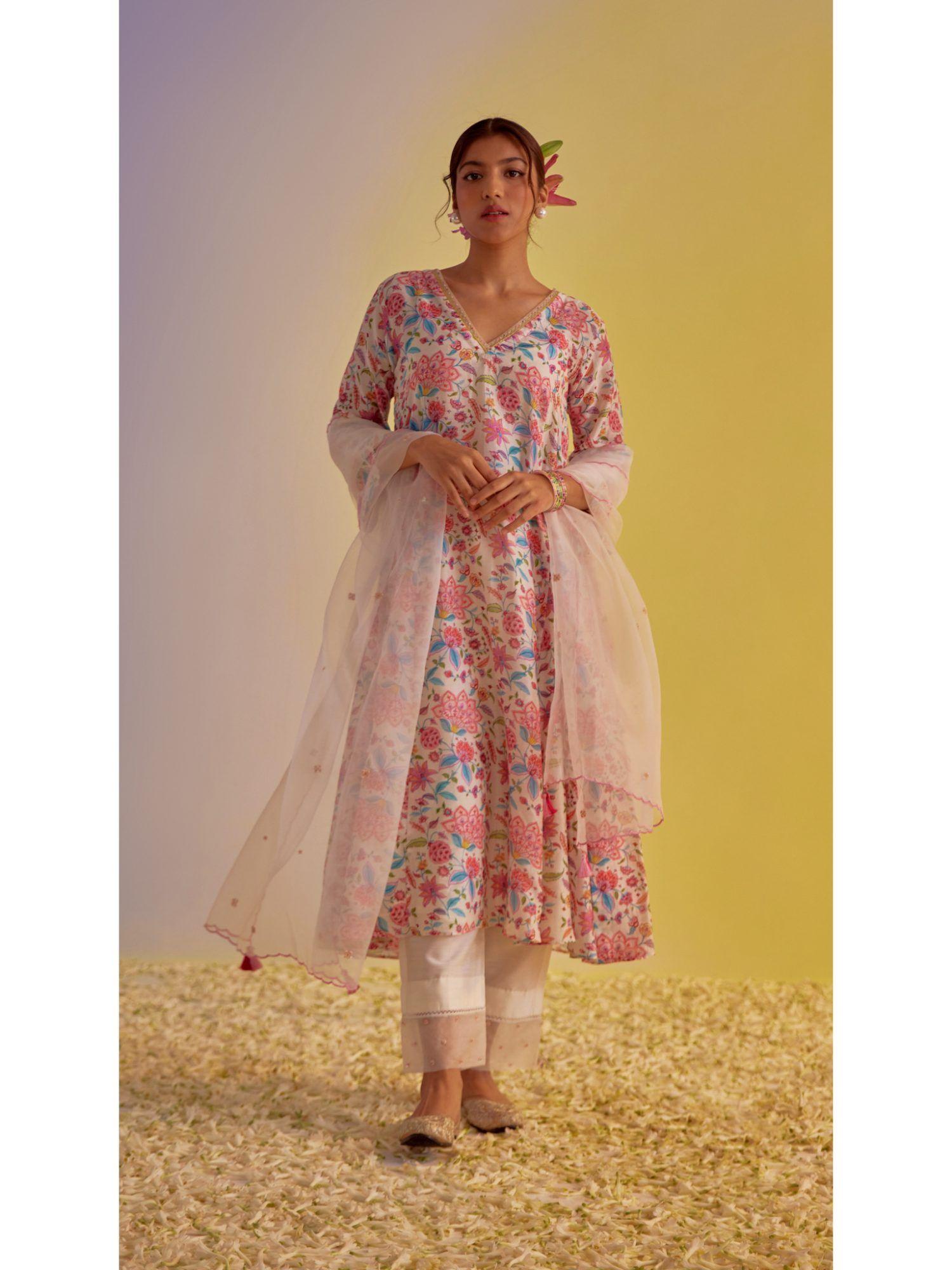 zahra : the cream a-line printed kurta and pant with dupatta (set of 3)