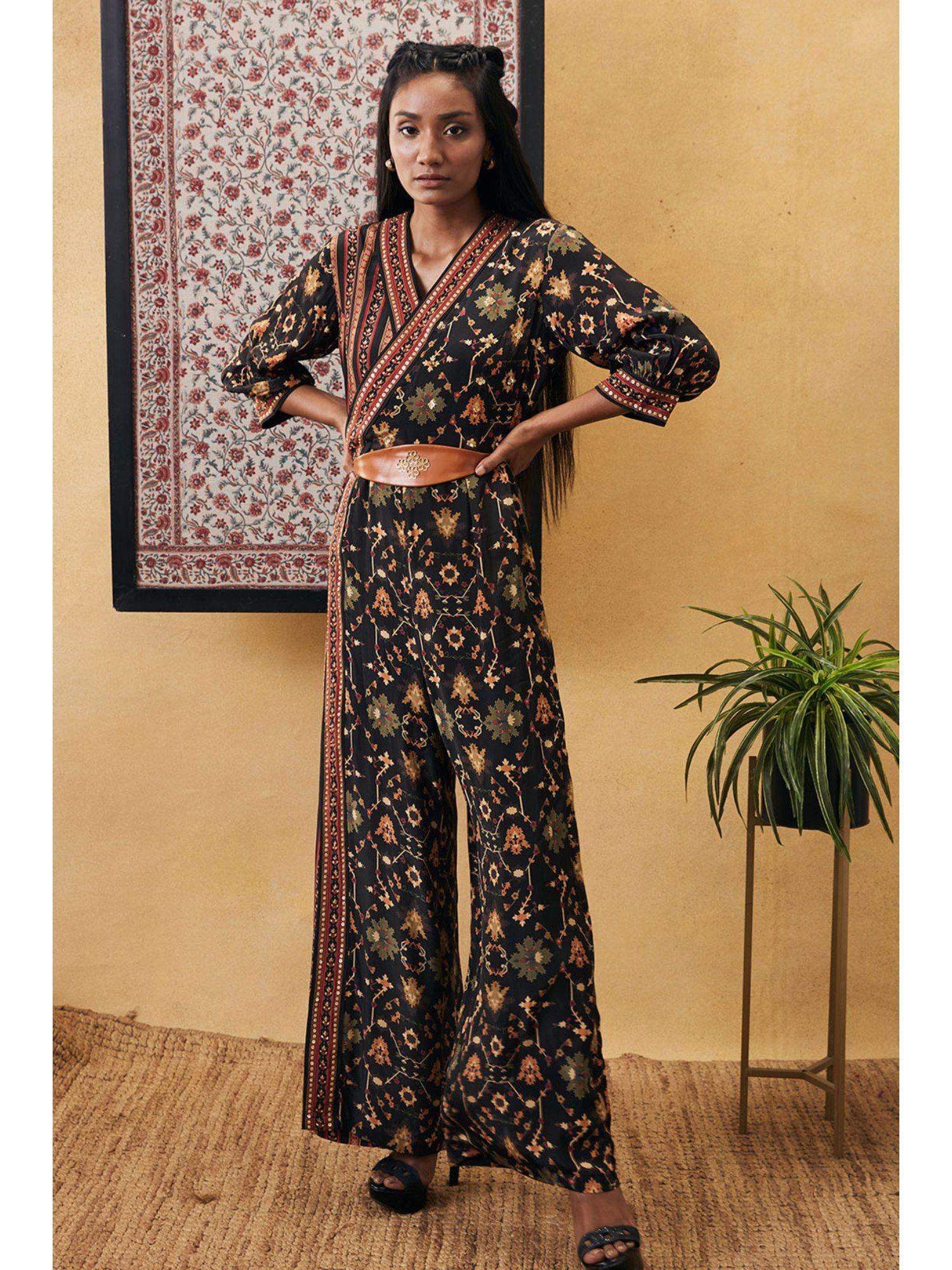 zahra printed overlap jumpsuit with belt (set of 2)