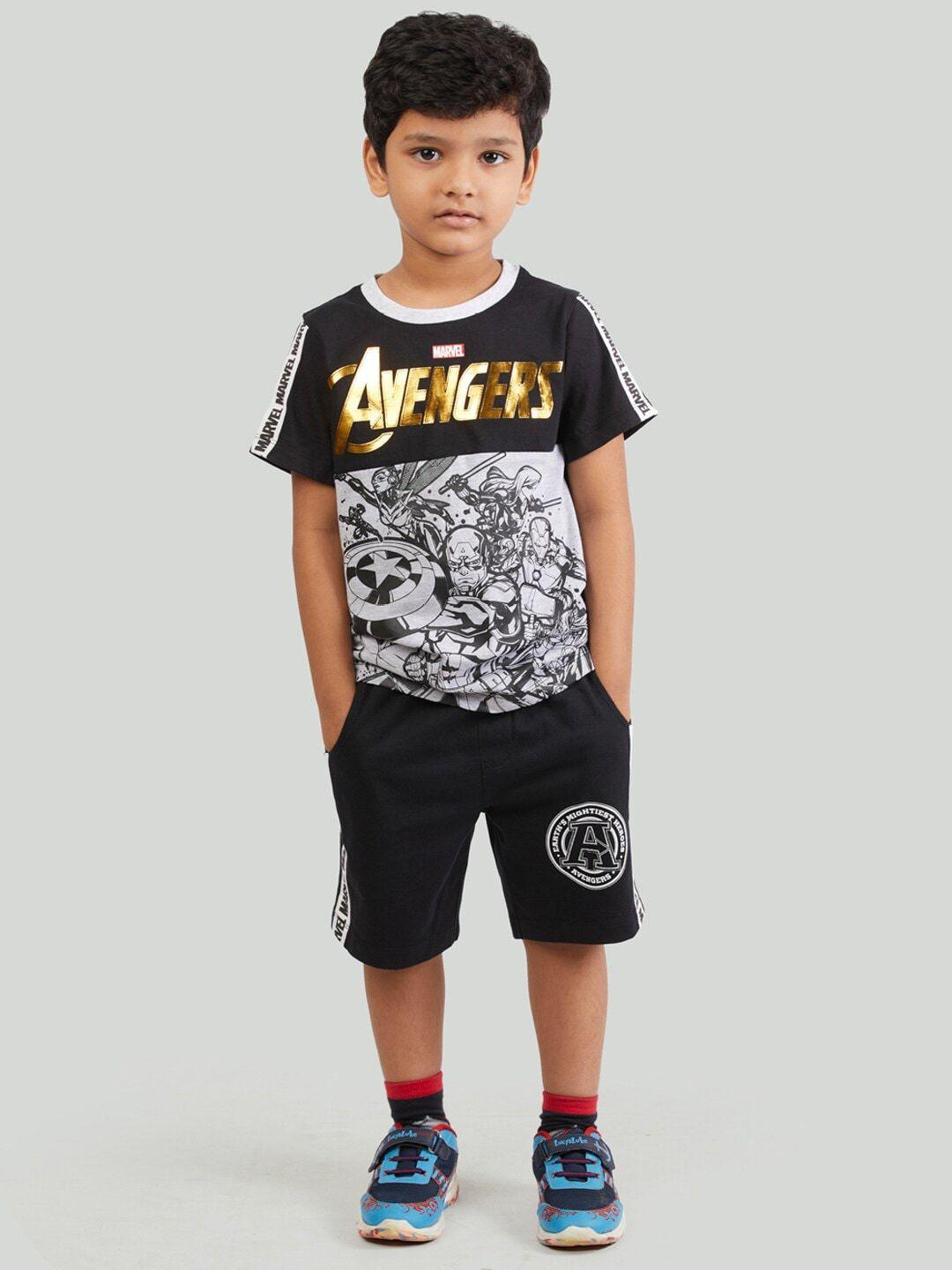 zalio boys black marvel avengers printed t-shirt with shorts