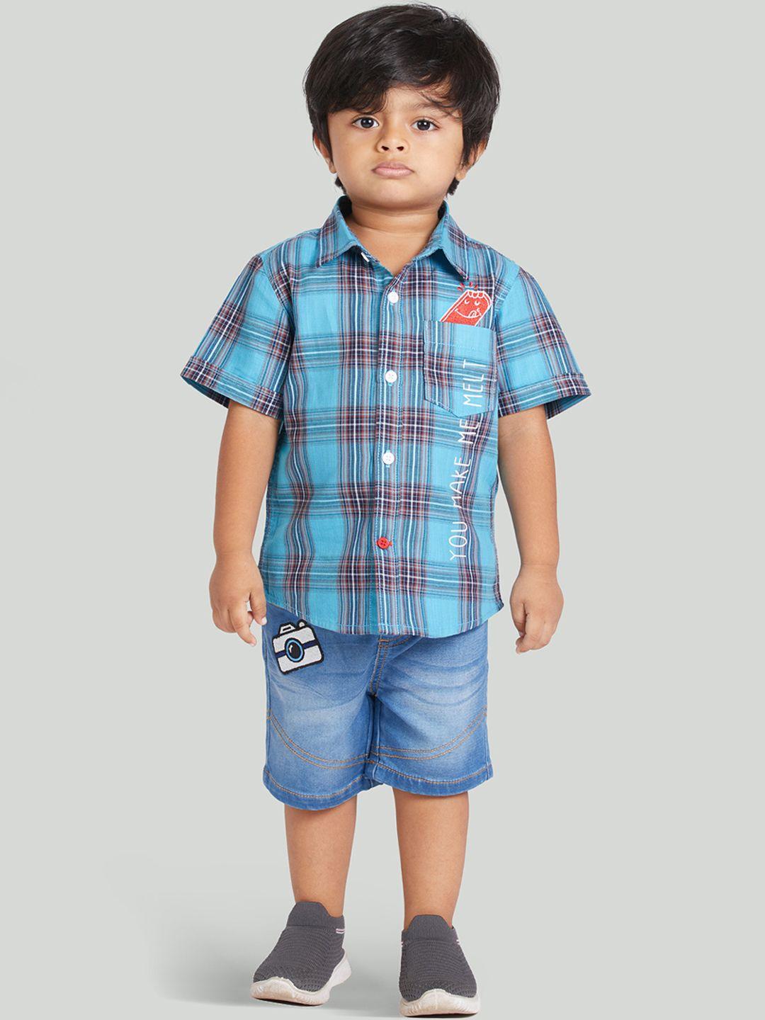 zalio boys blue & brown checked cotton shirt with shorts clothing set