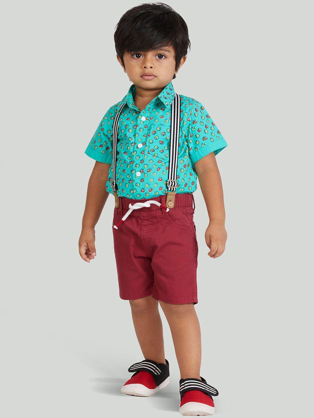 zalio boys green & red printed pure cotton shirt with shorts