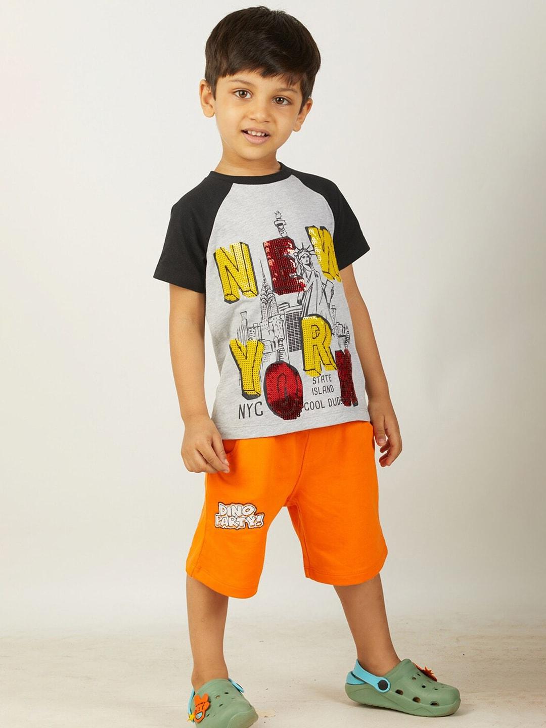 zalio boys grey & orange printed t-shirt with shorts