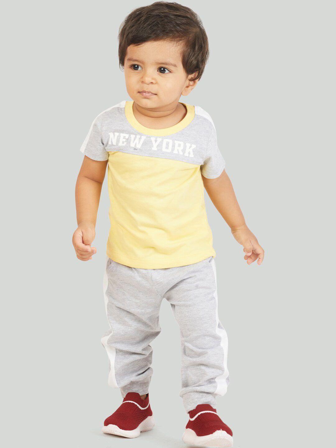 zalio boys grey & yellow printed cotton t-shirt with trousers