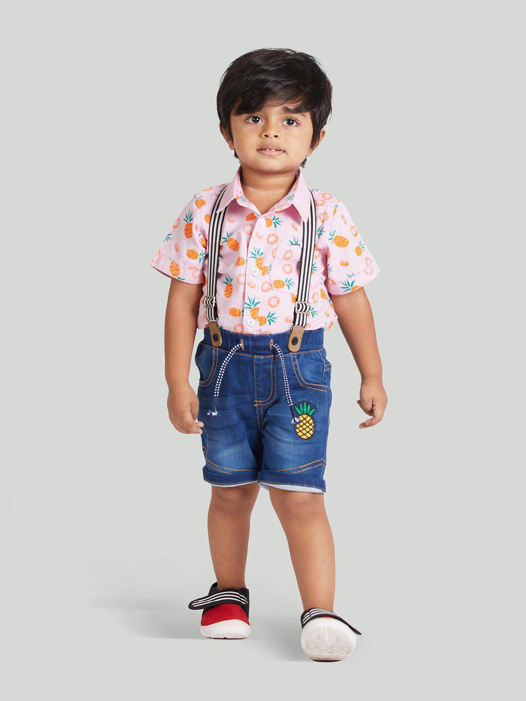 zalio boys pink & blue printed pure cotton shirt with shorts