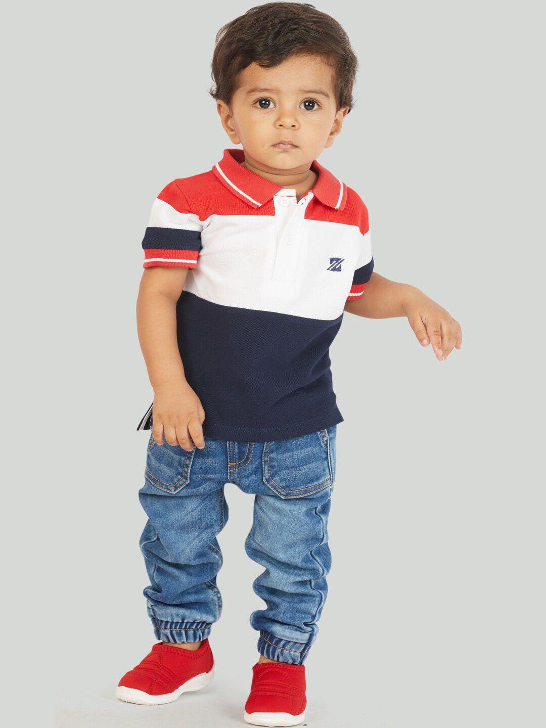 zalio boys red & blue colourblocked pure cotton t-shirt with trousers