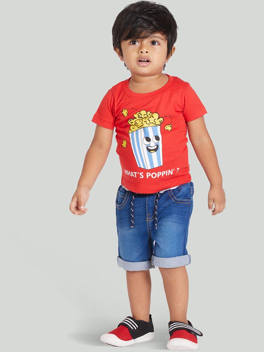 zalio boys red & navy blue printed pure cotton t-shirt with shorts