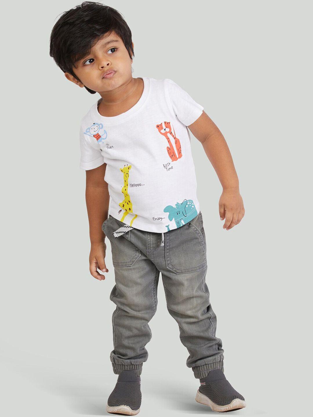 zalio boys white & grey printed pure cotton t-shirt with jeans