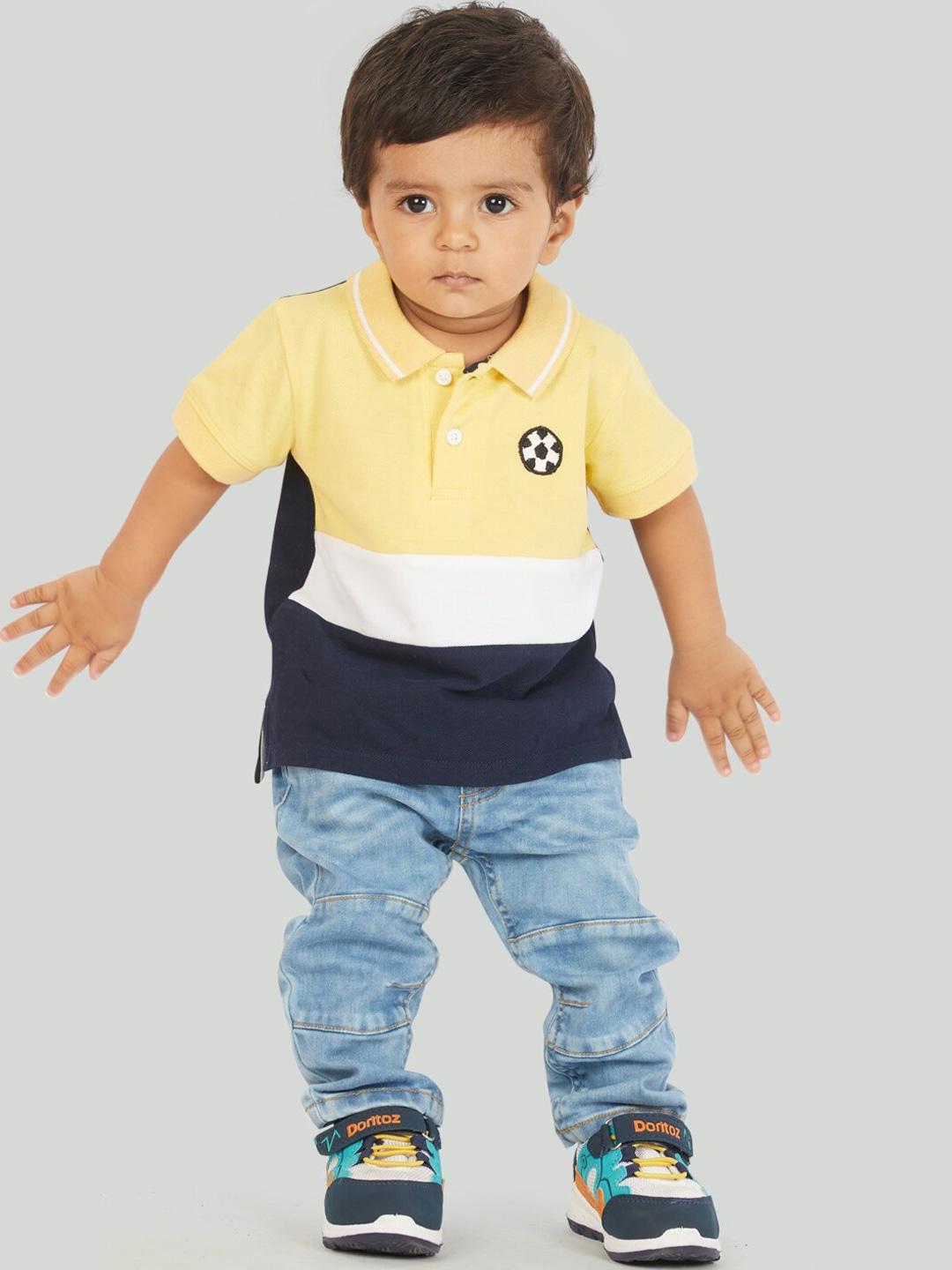 zalio boys yellow & blue colourblocked pure cotton t-shirt with trousers