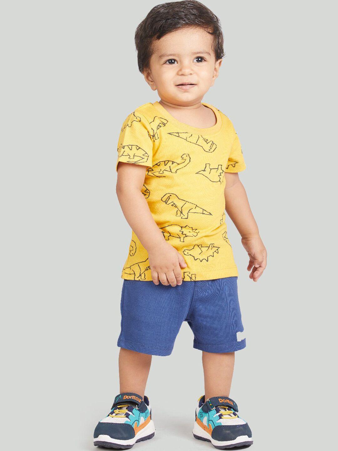 zalio boys yellow & blue printed pure cotton t-shirt with shorts