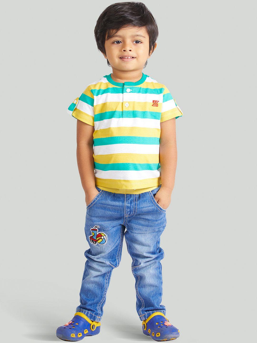 zalio boys yellow & green pure cotton striped t-shirt with jeans