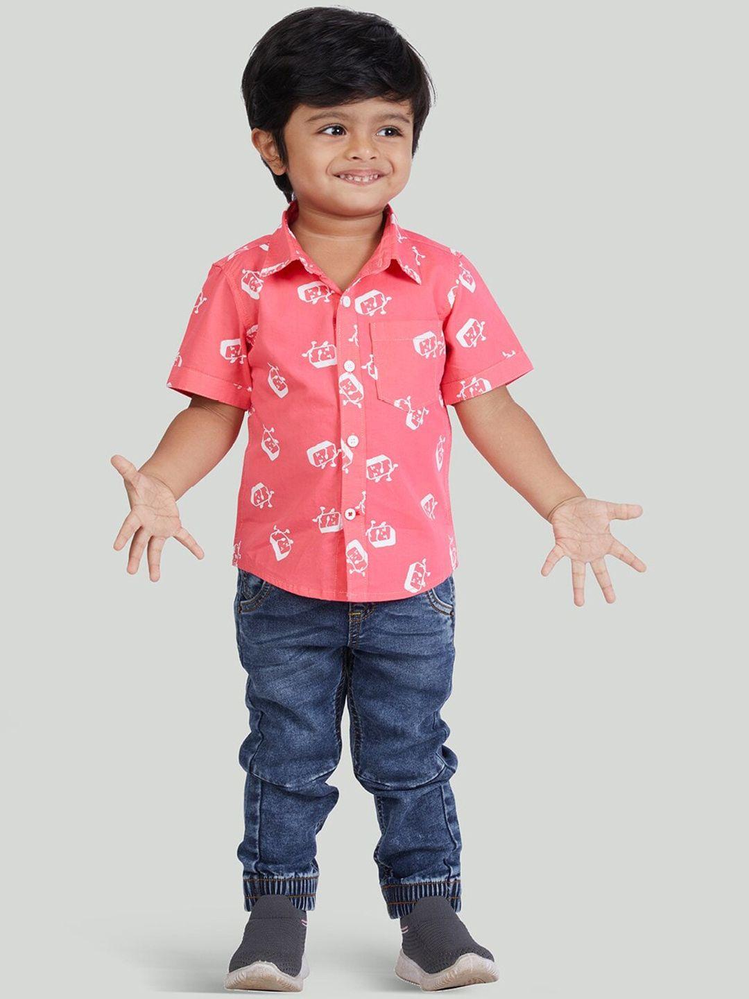 zalio boys 2-piece coral & blue printed shirt with denim jogger