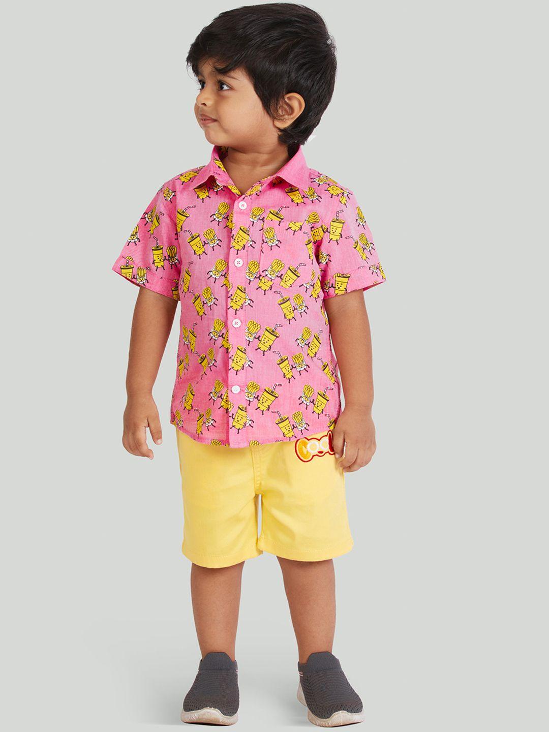zalio boys pink & yellow printed pure cotton shirt with shorts