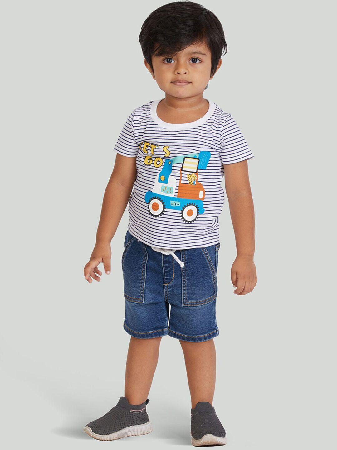 zalio boys white & blue 2-piece striped animated printed cotton t-shirt with denim shorts