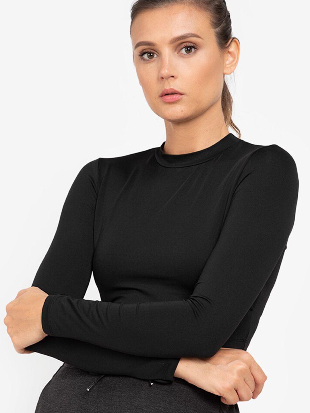 zalora active black solid high neck long regular sleeves fitted crop top