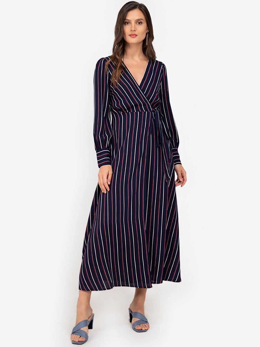 zalora work navy blue & white striped maxi wrap dress