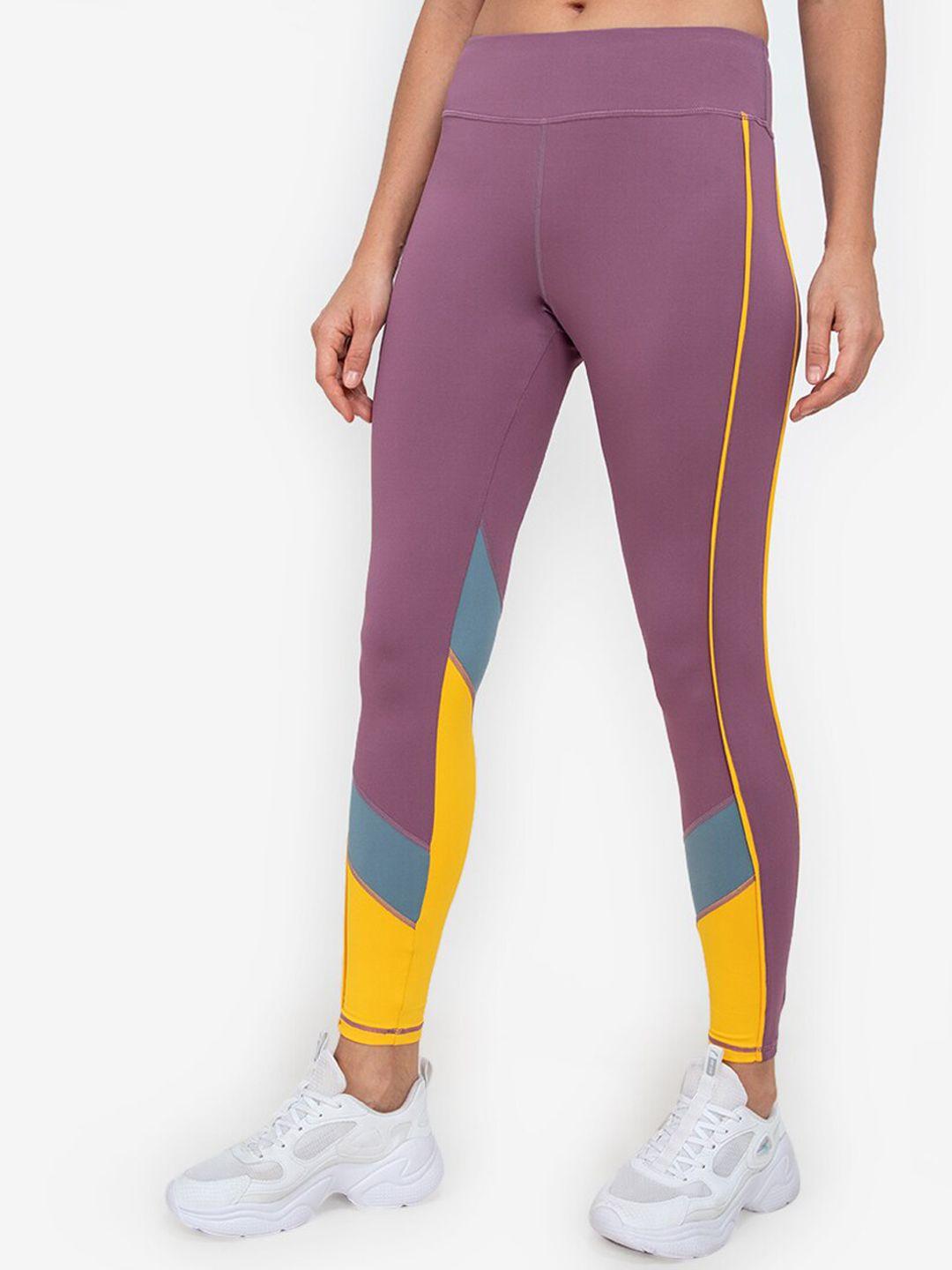 zalora active women mauve & yellow colourblocked high waisted tights