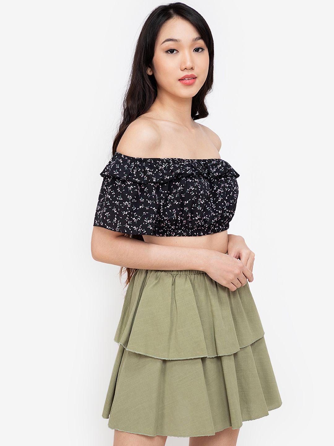 zalora basics black floral printed off-shoulder bardot crop top