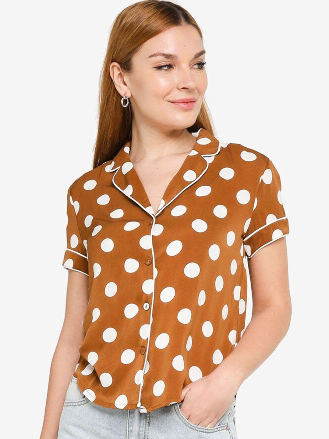 zalora basics brown & white print shirt style top