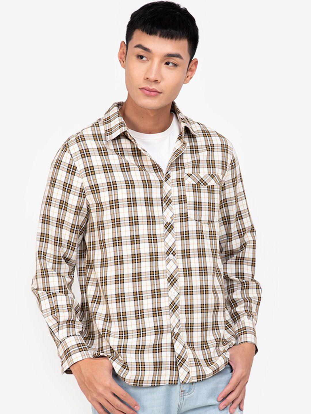 zalora basics men beige & white checked casual shirt