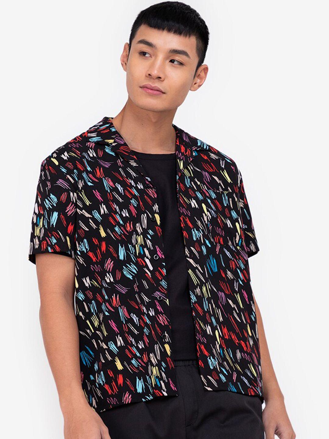 zalora basics men black printed casual shirt